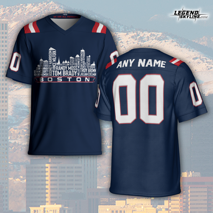 New England Jersey Custom Football Greatest Of All Time Team Legends Boston City Skyline Jersey Shirt, Personalized Embroidery Name Number