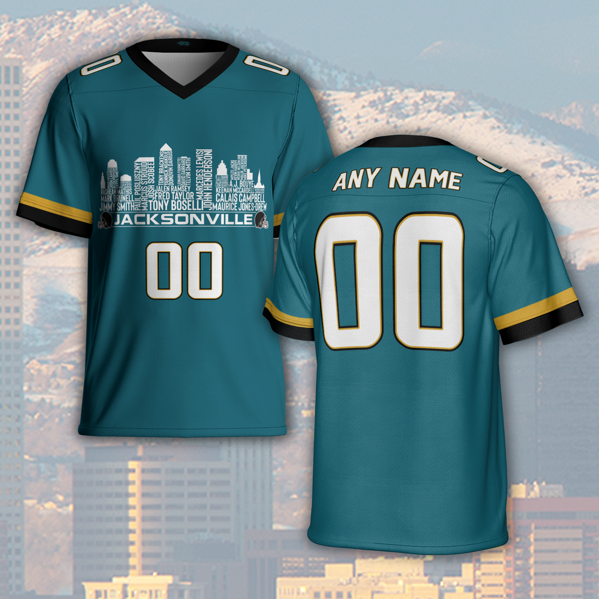 Jacksonville Jersey Custom Football Greatest Of All Time Team Legends Jacksonville City Skyline Jersey Shirt Personalized Embroidery Name Number