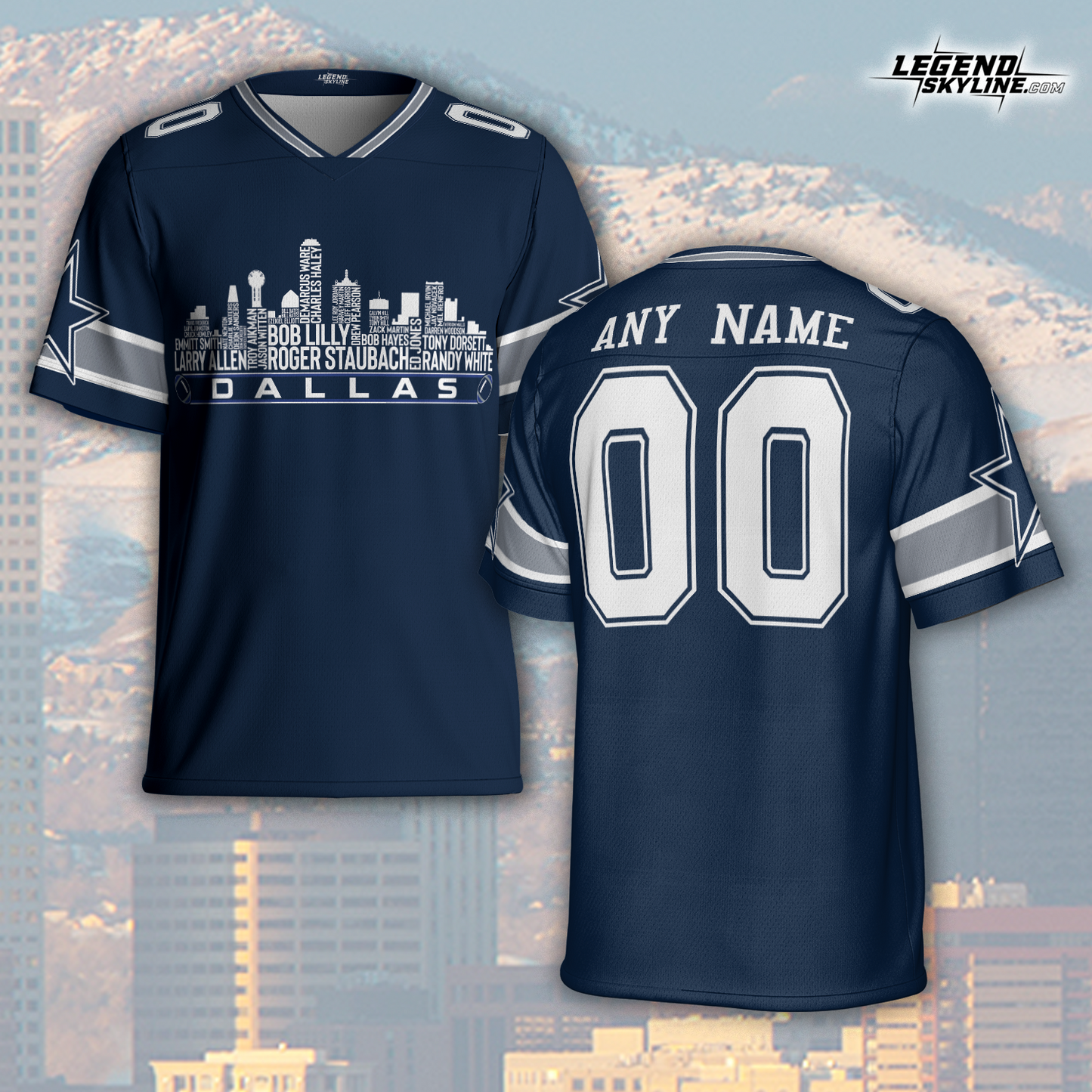 Dallas Custom Football Jersey Greatest Of All Time Team Legends, Dallas City Skyline Shirt, Personalized Embroidery Name Number