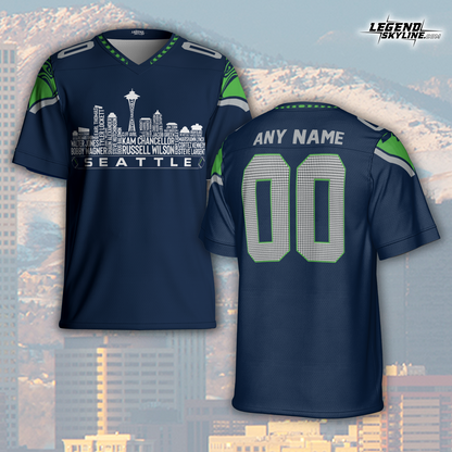 Seattle Custom Football Jersey Greatest Of All Time Team Legends, Seattle City Skyline Shirt, Personalized Embroidery Name Number