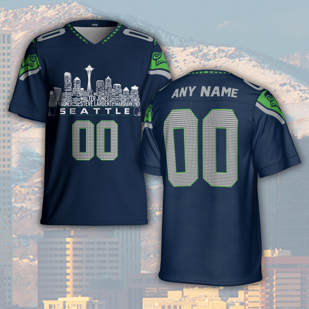 Seattle Custom Football Jersey Greatest Of All Time Team Legends Seattle City Skyline Shirt Personalized Embroidery Name Number
