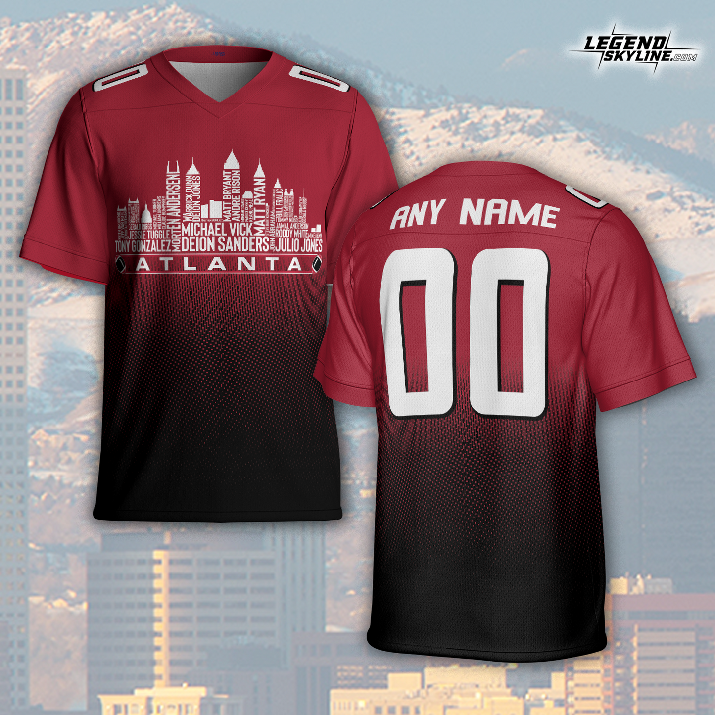 Atlanta Jersey Custom Football Greatest Of All Time Team Legends Atlanta City Skyline Jersey Shirt, Personalized Embroidery Name Number