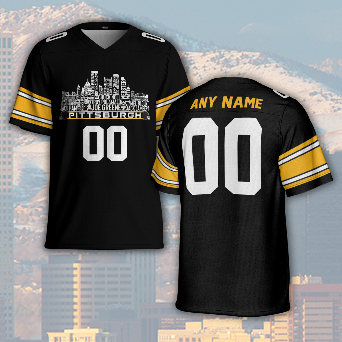 Pittsburgh Custom Football Jersey Greatest Of All Time Team Legends Pittsburgh City Skyline Shirt Personalized Embroidery Name Number
