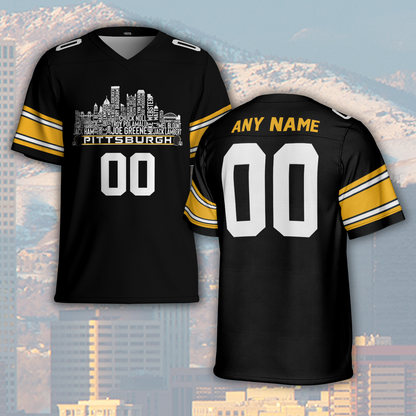 Pittsburgh Custom Football Jersey Greatest Of All Time Team Legends Pittsburgh City Skyline Shirt Personalized Embroidery Name Number
