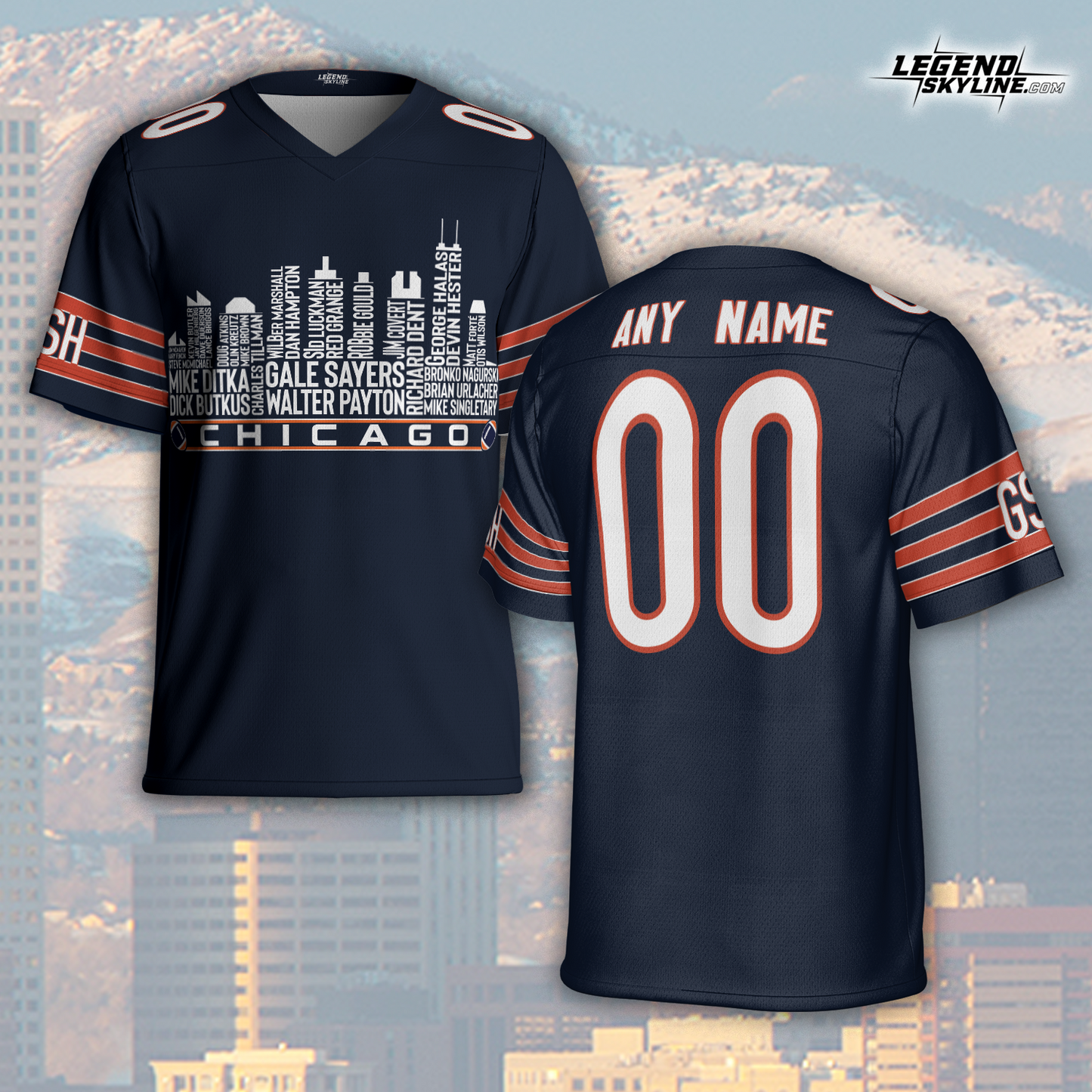 Chicago Jersey Custom Football Greatest Of All Time Team Legends Chicago City Skyline Jersey Shirt, Personalized Embroidery Name Number