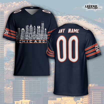 Chicago Jersey Custom Football Greatest Of All Time Team Legends Chicago City Skyline Jersey Shirt, Personalized Embroidery Name Number