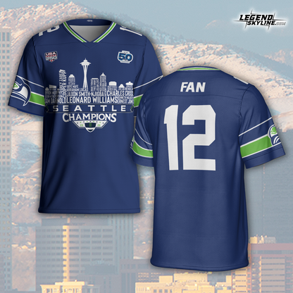 Seattle Custom Blue Jersey Champions LX Football 2026 Bowl Dream Team Seattle Skyline Personalized Embroidery Name Number