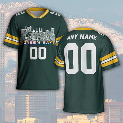 Green Bay Jersey Custom Football Greatest Of All Time Team Legends Green Bay City Skyline Jersey Shirt Personalized Embroidery Name NumberGreen Bay