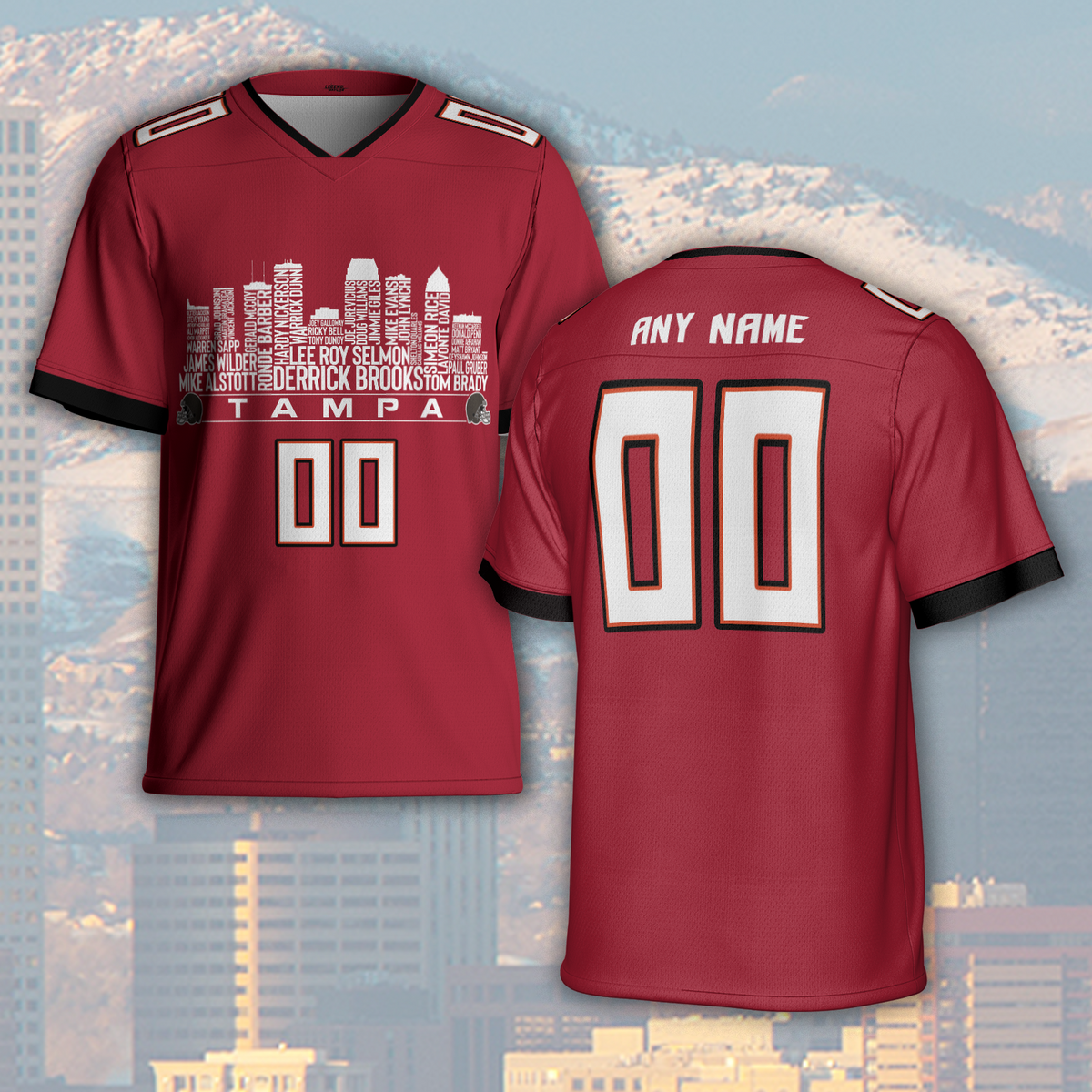 Tampa Bay Custom Football Greatest Of All Time Team Legends Tampa Bay City Skyline Jersey Shirt Personalized Embroidery Name Number