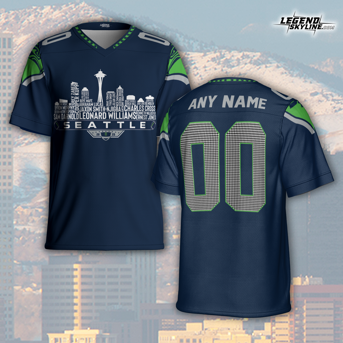 Seattle Football Jersey Custom Legacy Roster 2025 Seattle City Skyline Personalized Embroidery Name Number Shirts