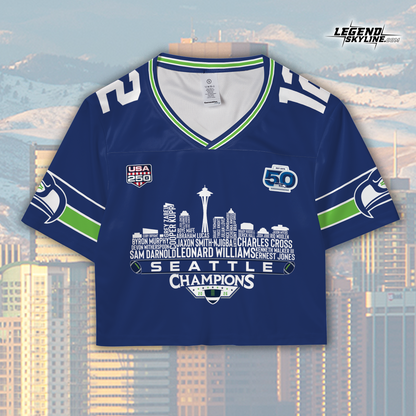 Seattle Custom Blue Jersey Champions LX Football 2026 Bowl Dream Team Seattle Skyline Personalized Embroidery Name Number