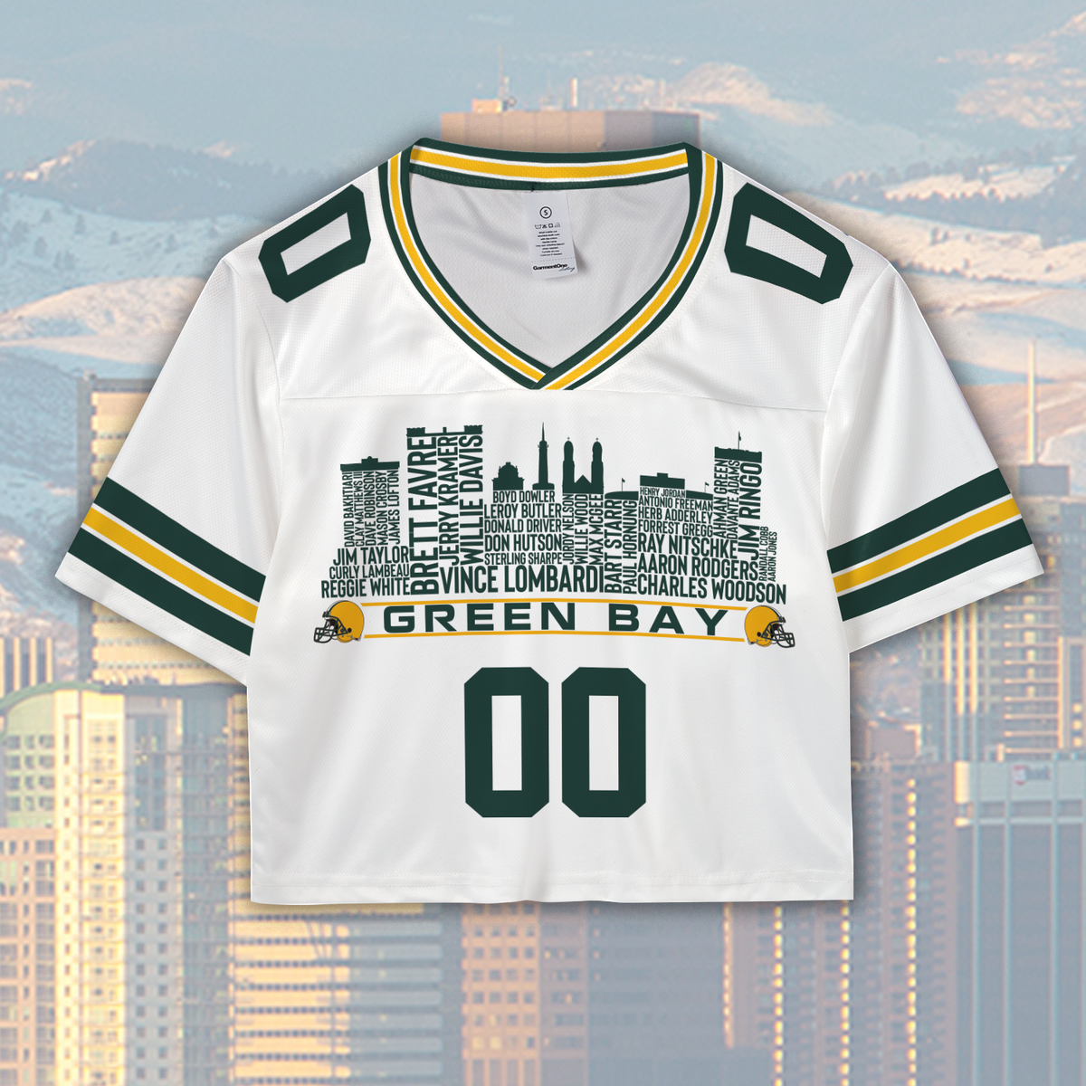 Green Bay Jersey Custom Football Greatest Of All Time Team Legends Green Bay City Skyline Jersey Shirt Personalized Embroidery Name NumberGreen Bay