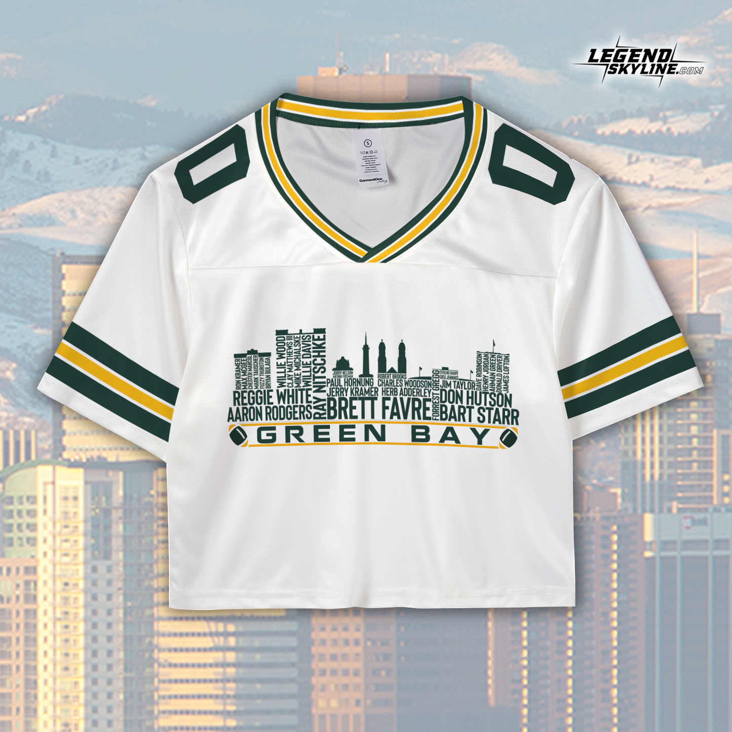 Green Bay Jersey Custom Football Greatest Of All Time Team Legends Green Bay City Skyline Jersey Shirt, Personalized Embroidery Name NumberGreen Bay