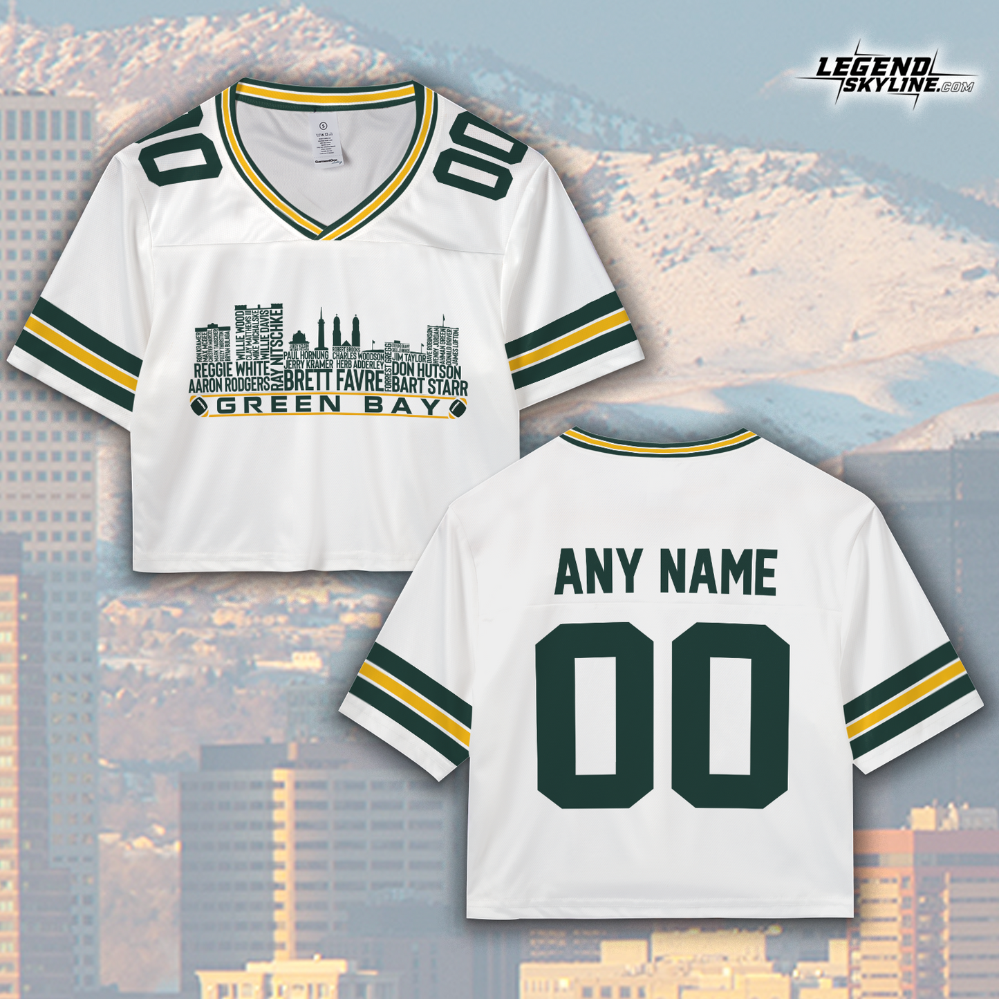 Green Bay Jersey Custom Football Greatest Of All Time Team Legends Green Bay City Skyline Jersey Shirt, Personalized Embroidery Name NumberGreen Bay