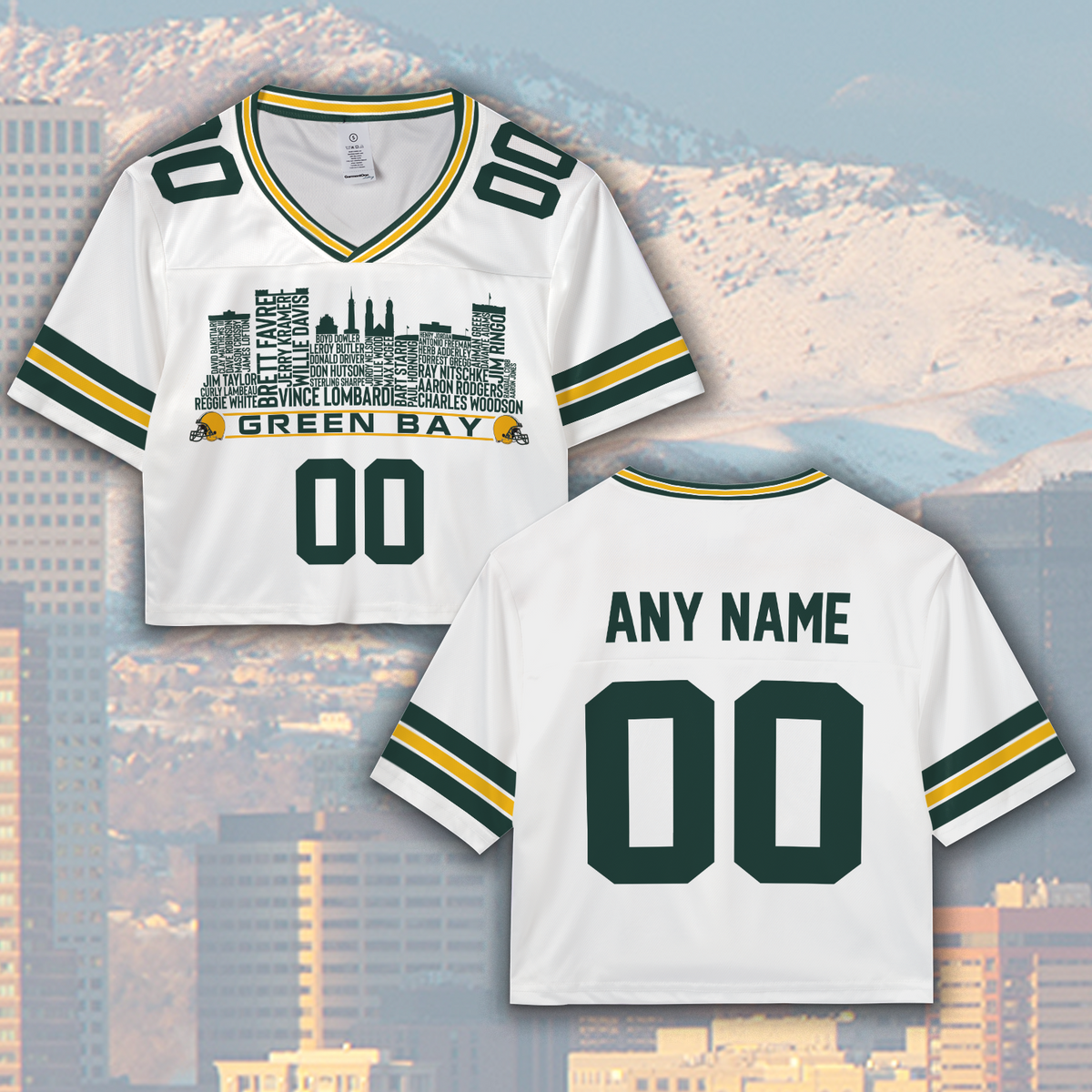 Green Bay Jersey Custom Football Greatest Of All Time Team Legends Green Bay City Skyline Jersey Shirt Personalized Embroidery Name NumberGreen Bay