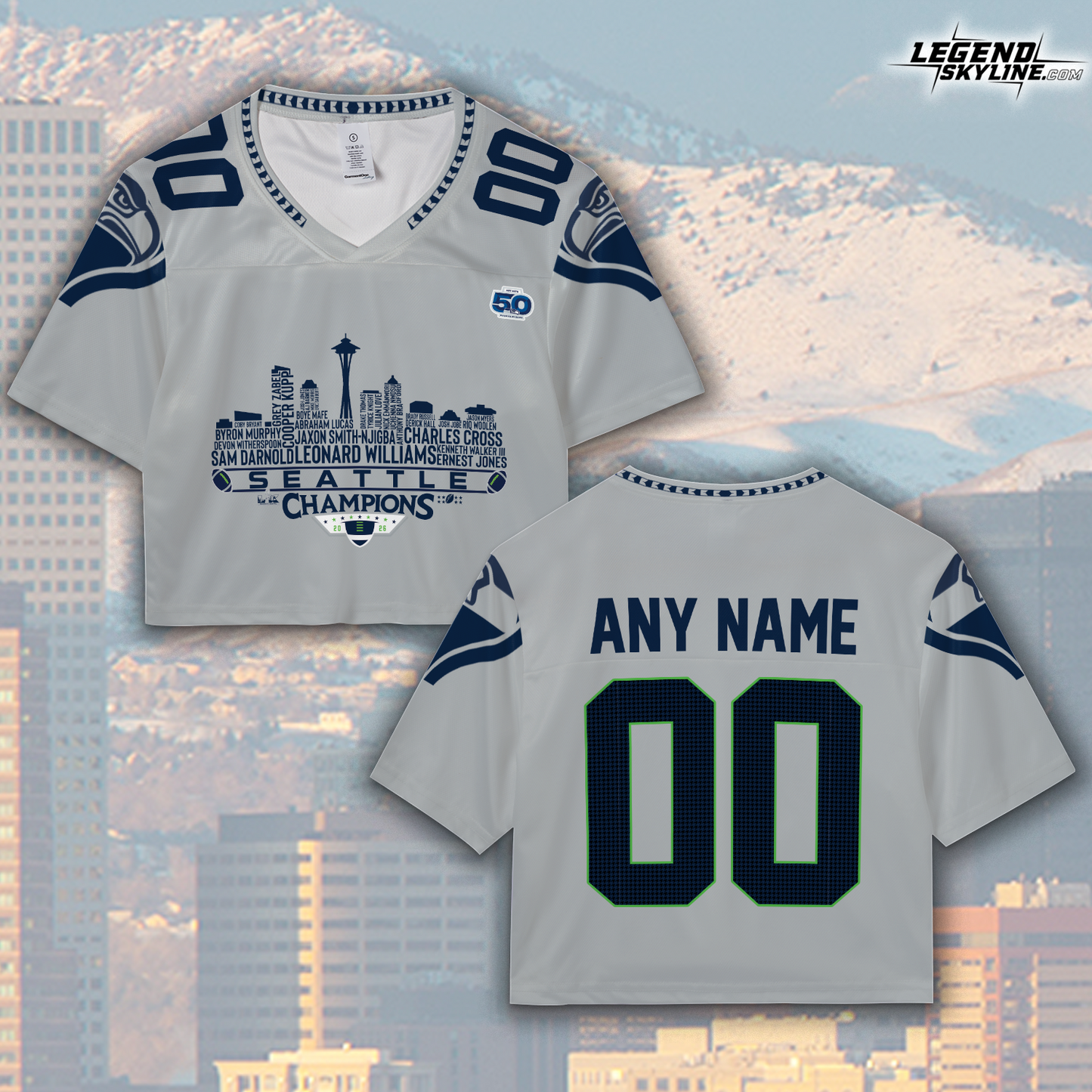 Seattle Custom Jersey Champions LX Football 2026 Bowl Dream Team Seattle Skyline Personalized Embroidery Name Number