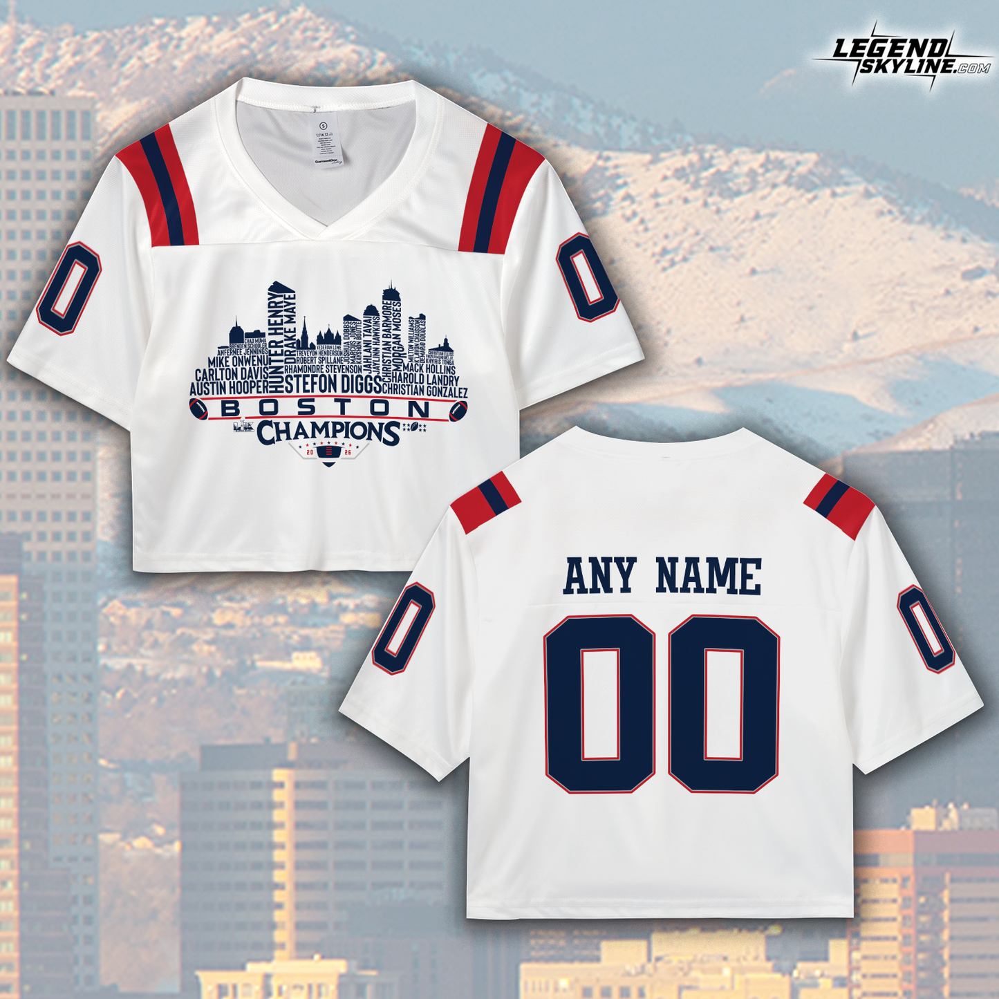 New England Custom Jersey Champions LX Football 2026 Bowl Dream Team Boston Skyline Personalized Embroidery Name Number