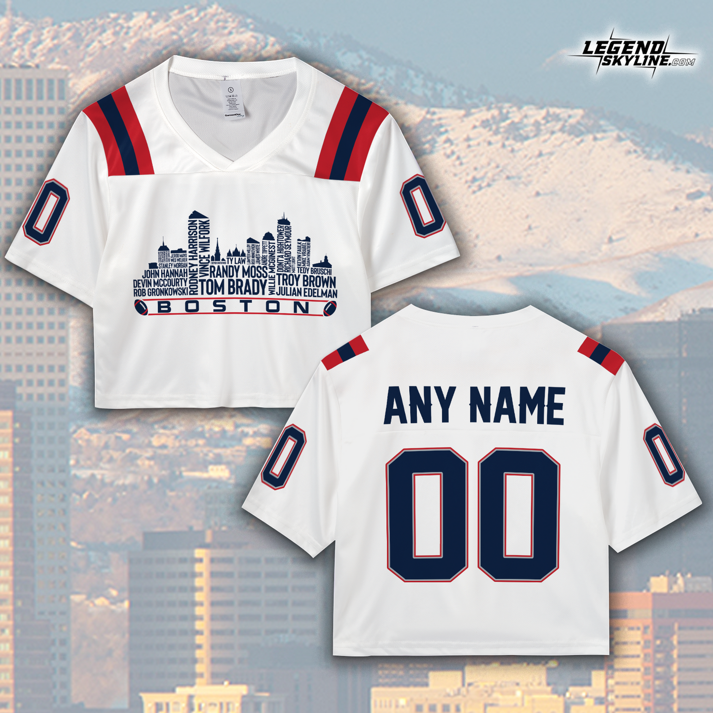 New England Jersey Custom Football Greatest Of All Time Team Legends Boston City Skyline Jersey Shirt, Personalized Embroidery Name Number