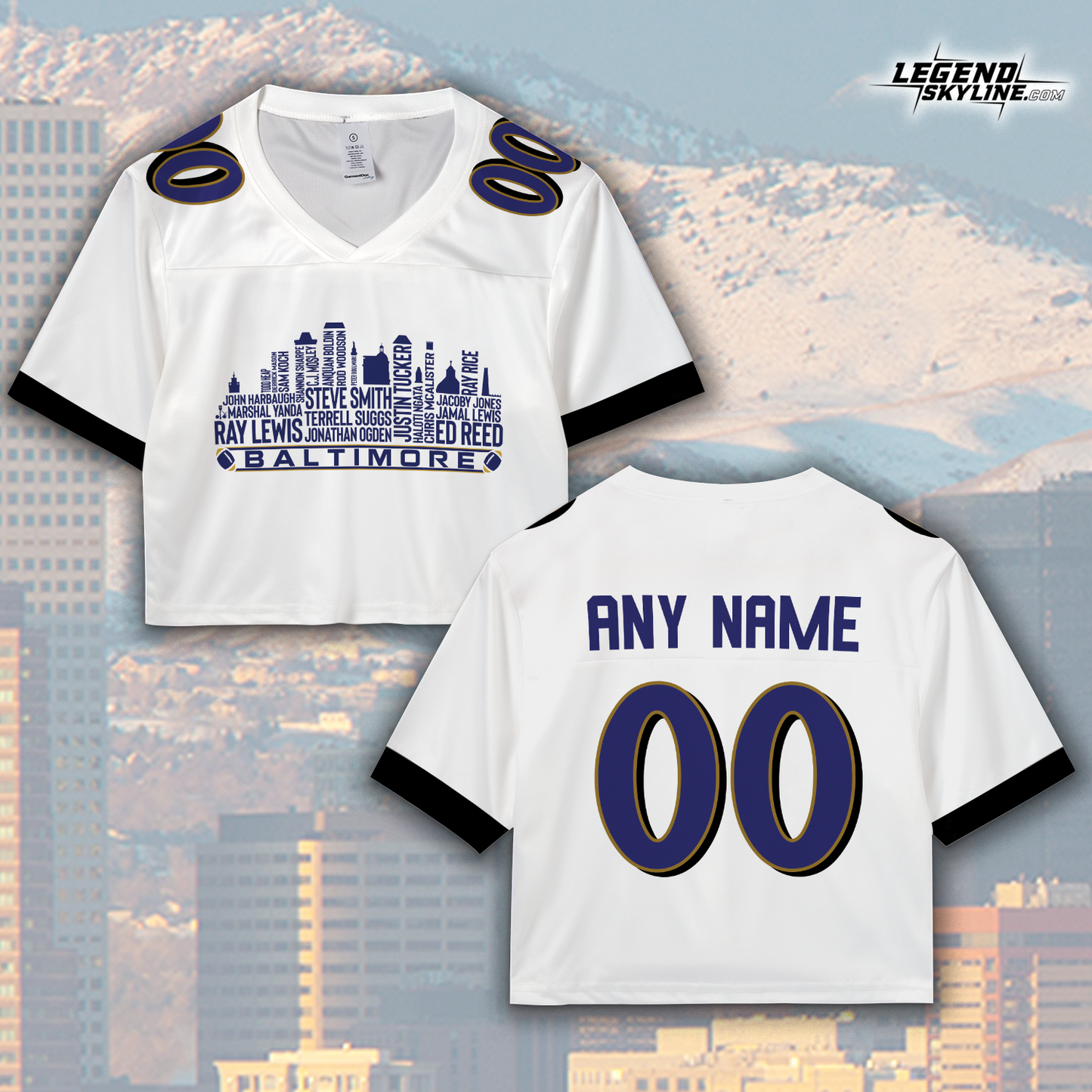 Baltimore Jersey Custom Football Greatest Of All Time Team Legends Baltimore City Skyline Jersey Shirt, Personalized Embroidery Name Number
