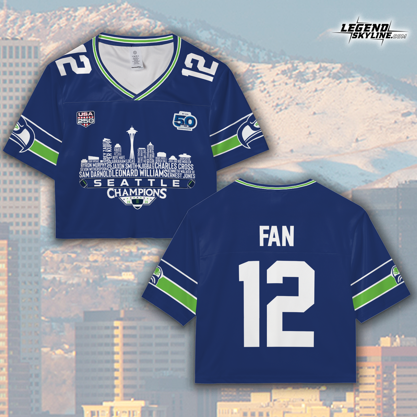 Seattle Custom Blue Jersey Champions LX Football 2026 Bowl Dream Team Seattle Skyline Personalized Embroidery Name Number