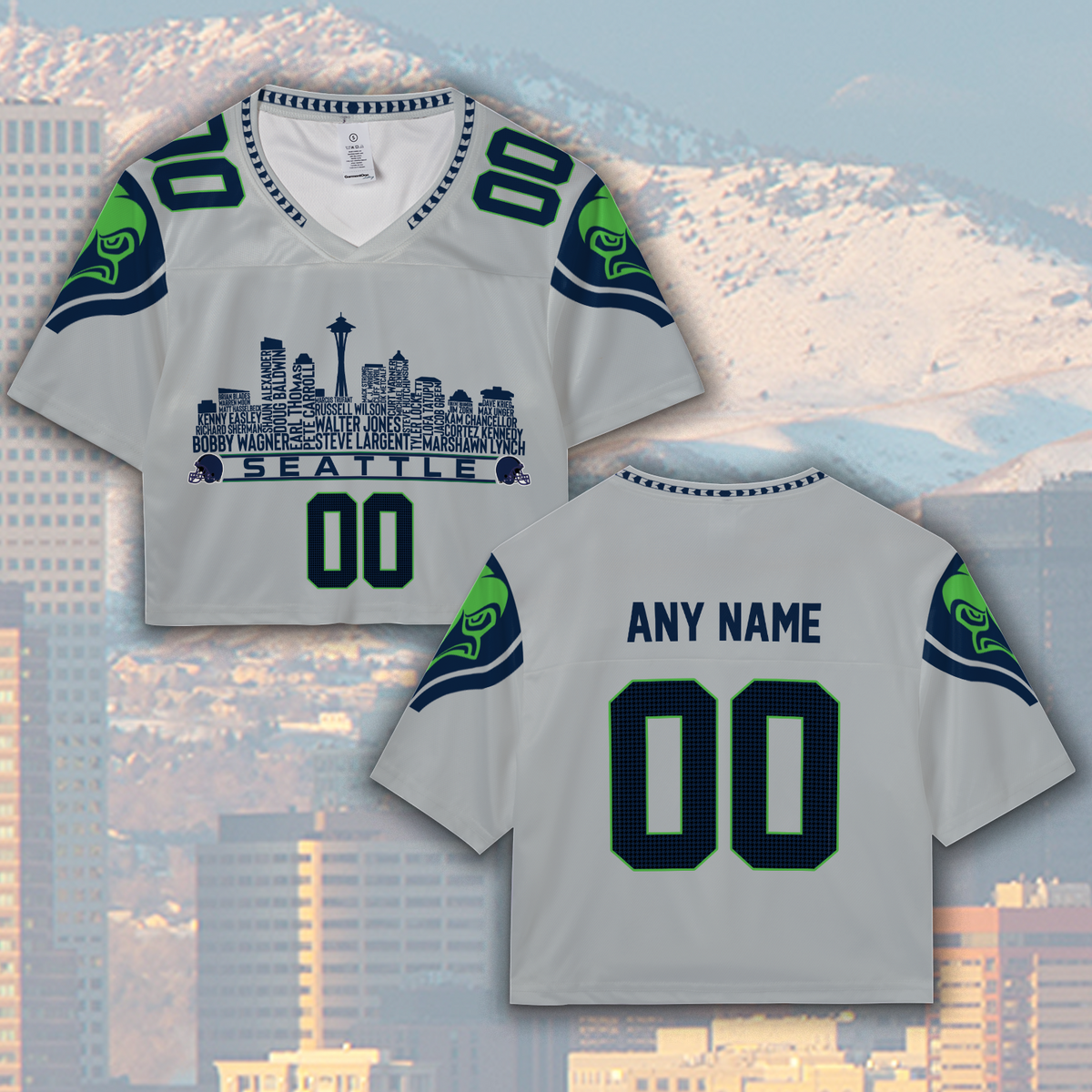 Seattle Custom Football Jersey Greatest Of All Time Team Legends Seattle City Skyline Shirt Personalized Embroidery Name Number