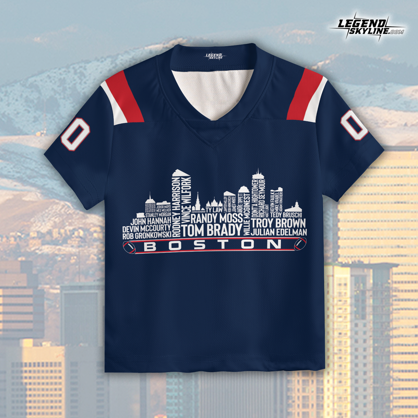 New England Jersey Custom Football Greatest Of All Time Team Legends Boston City Skyline Jersey Shirt, Personalized Embroidery Name Number