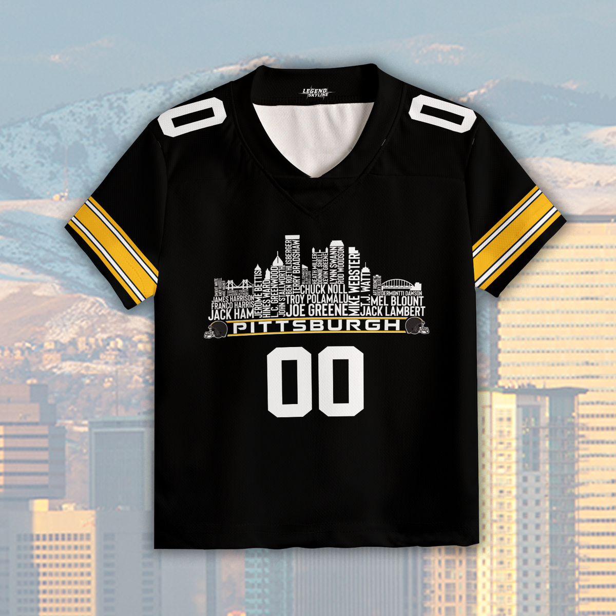 Pittsburgh Custom Football Jersey Greatest Of All Time Team Legends Pittsburgh City Skyline Shirt Personalized Embroidery Name Number