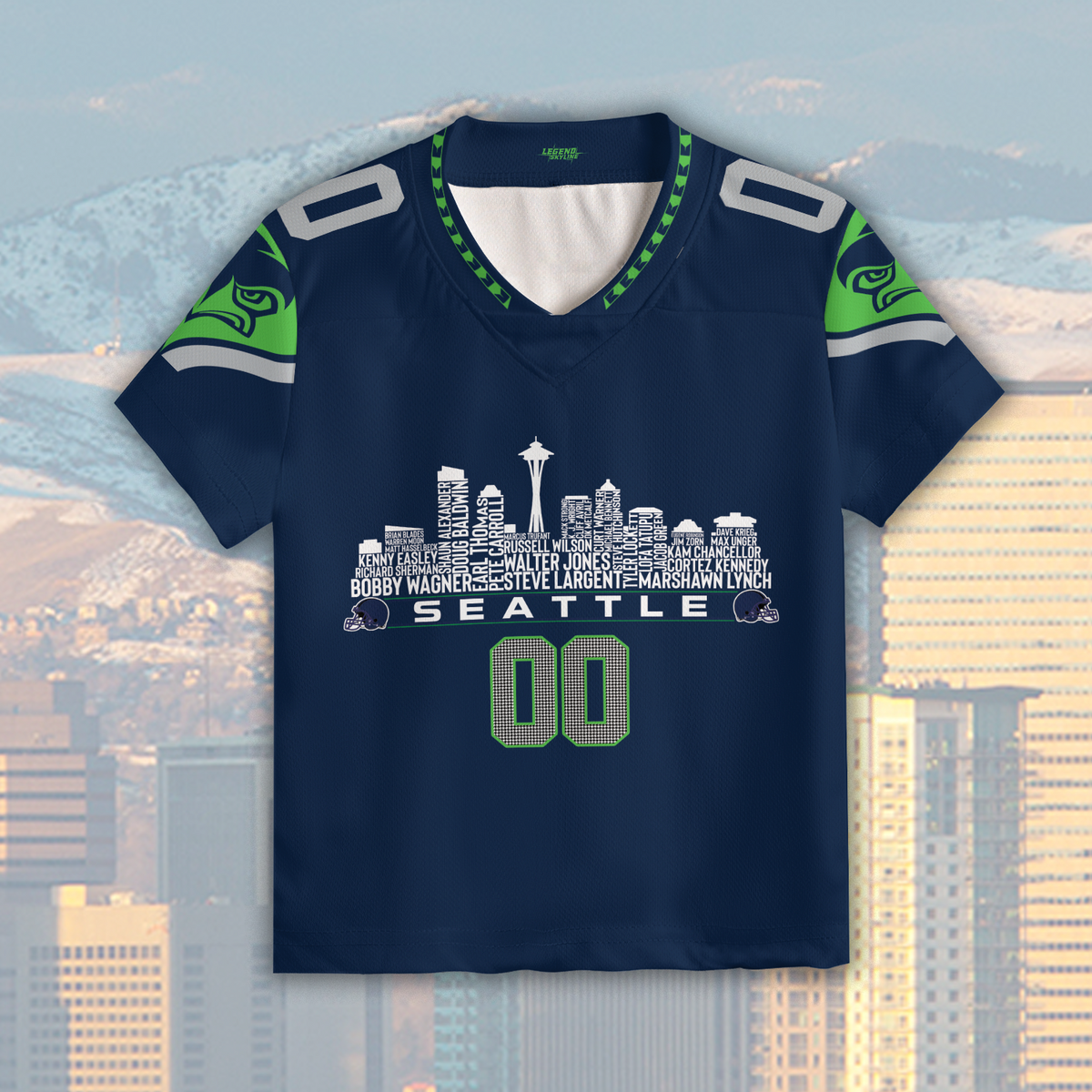 Seattle Custom Football Jersey Greatest Of All Time Team Legends Seattle City Skyline Shirt Personalized Embroidery Name Number
