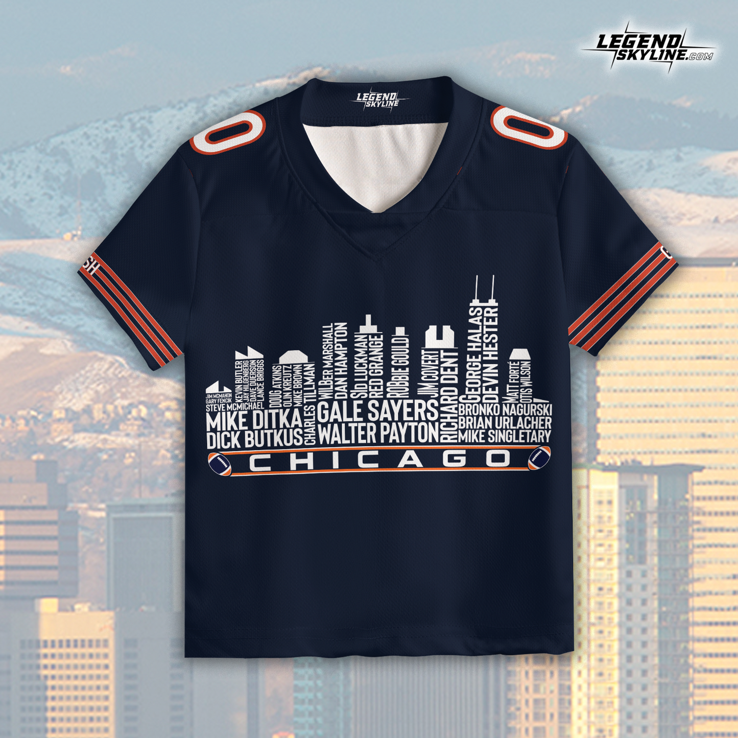 Chicago Jersey Custom Football Greatest Of All Time Team Legends Chicago City Skyline Jersey Shirt, Personalized Embroidery Name Number