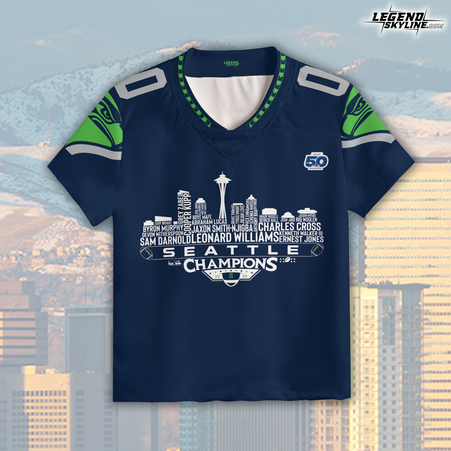 Seattle Custom Jersey Champions LX Football 2026 Bowl Dream Team Seattle Skyline Personalized Embroidery Name Number