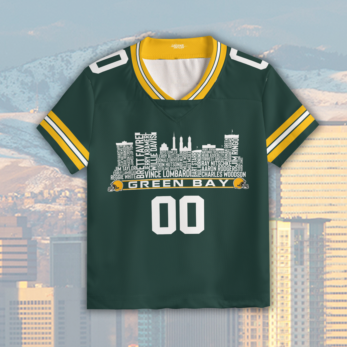 Green Bay Jersey Custom Football Greatest Of All Time Team Legends Green Bay City Skyline Jersey Shirt Personalized Embroidery Name NumberGreen Bay