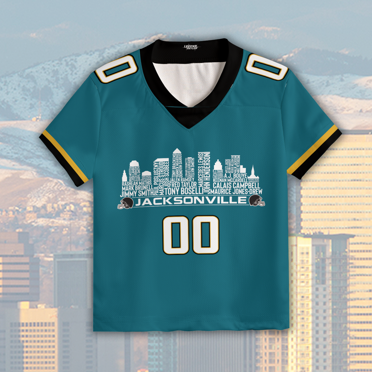 Jacksonville Jersey Custom Football Greatest Of All Time Team Legends Jacksonville City Skyline Jersey Shirt Personalized Embroidery Name Number