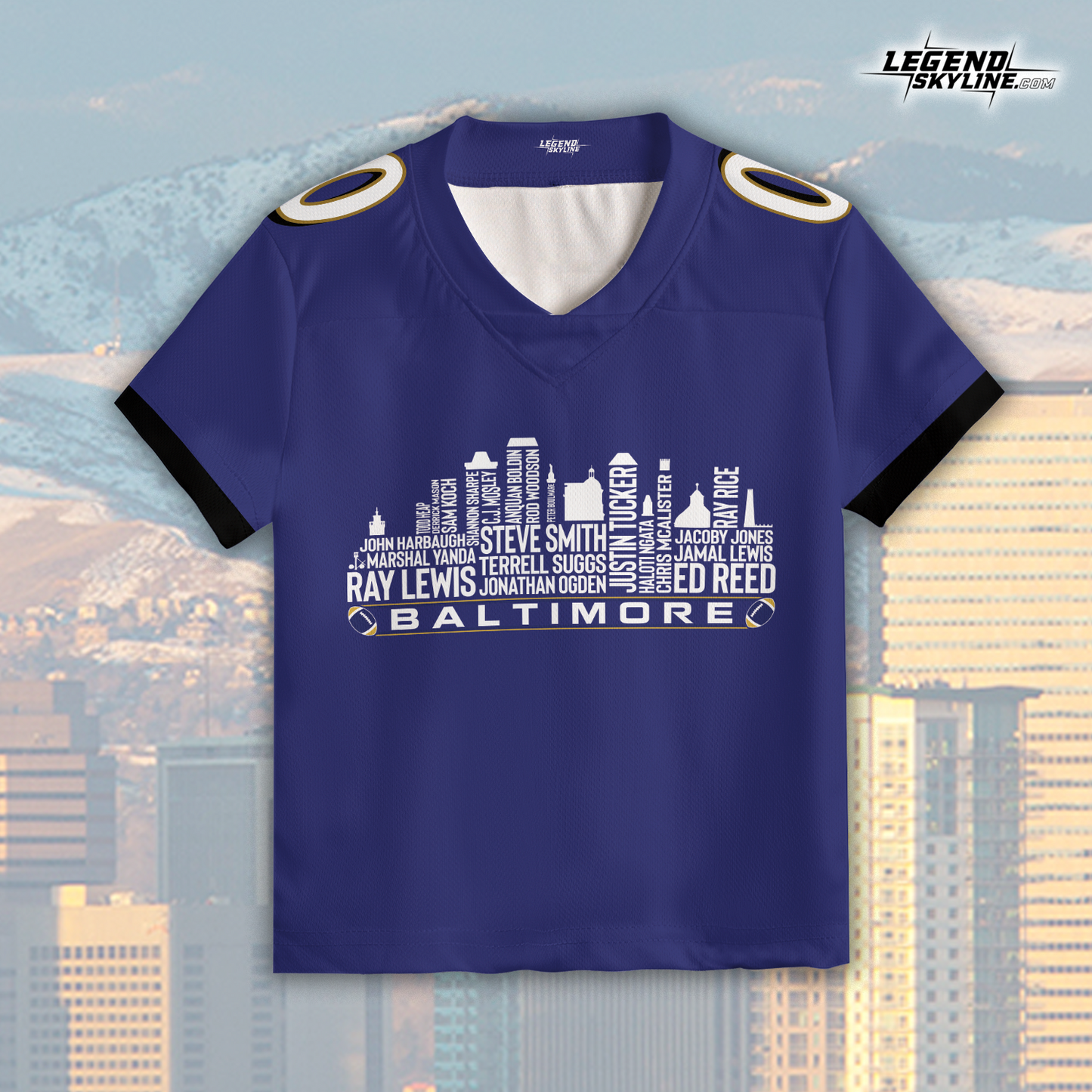 Baltimore Jersey Custom Football Greatest Of All Time Team Legends Baltimore City Skyline Jersey Shirt, Personalized Embroidery Name Number