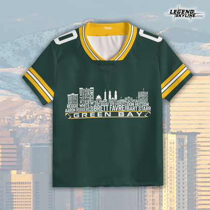 Green Bay Jersey Custom Football Greatest Of All Time Team Legends Green Bay City Skyline Jersey Shirt, Personalized Embroidery Name NumberGreen Bay