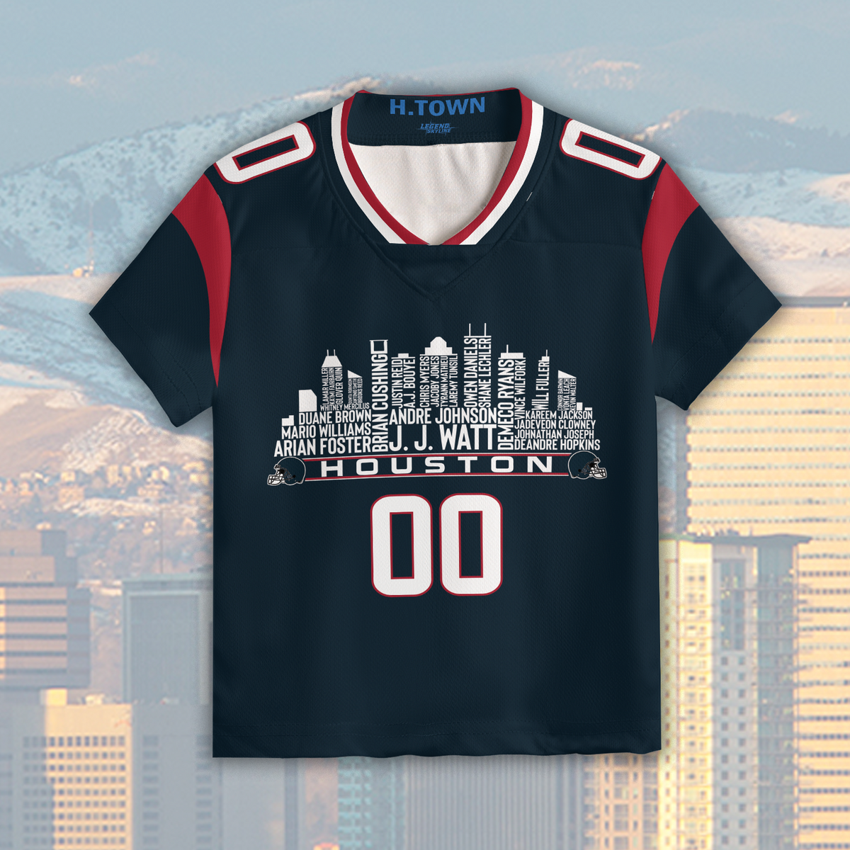 Houston Jersey Custom Football Greatest Of All Time Team Legends Houston City Skyline Jersey Shirt Personalized Embroidery Name Number