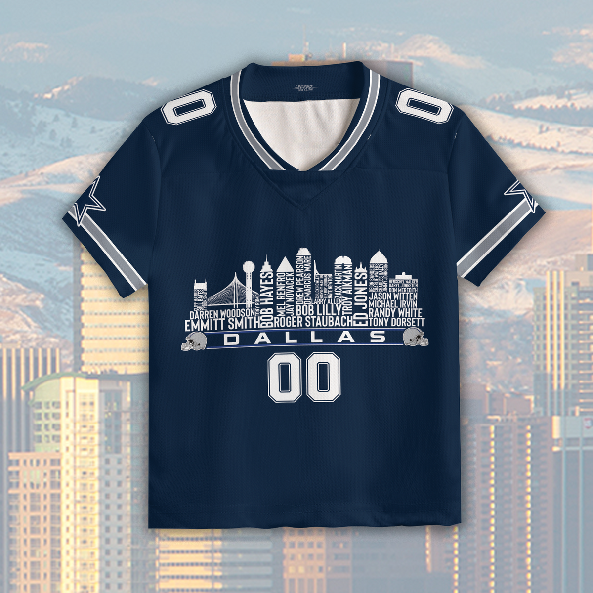 Dallas Custom Football Jersey Greatest Of All Time Team Legends Dallas City Skyline Shirt Personalized Embroidery Name Number