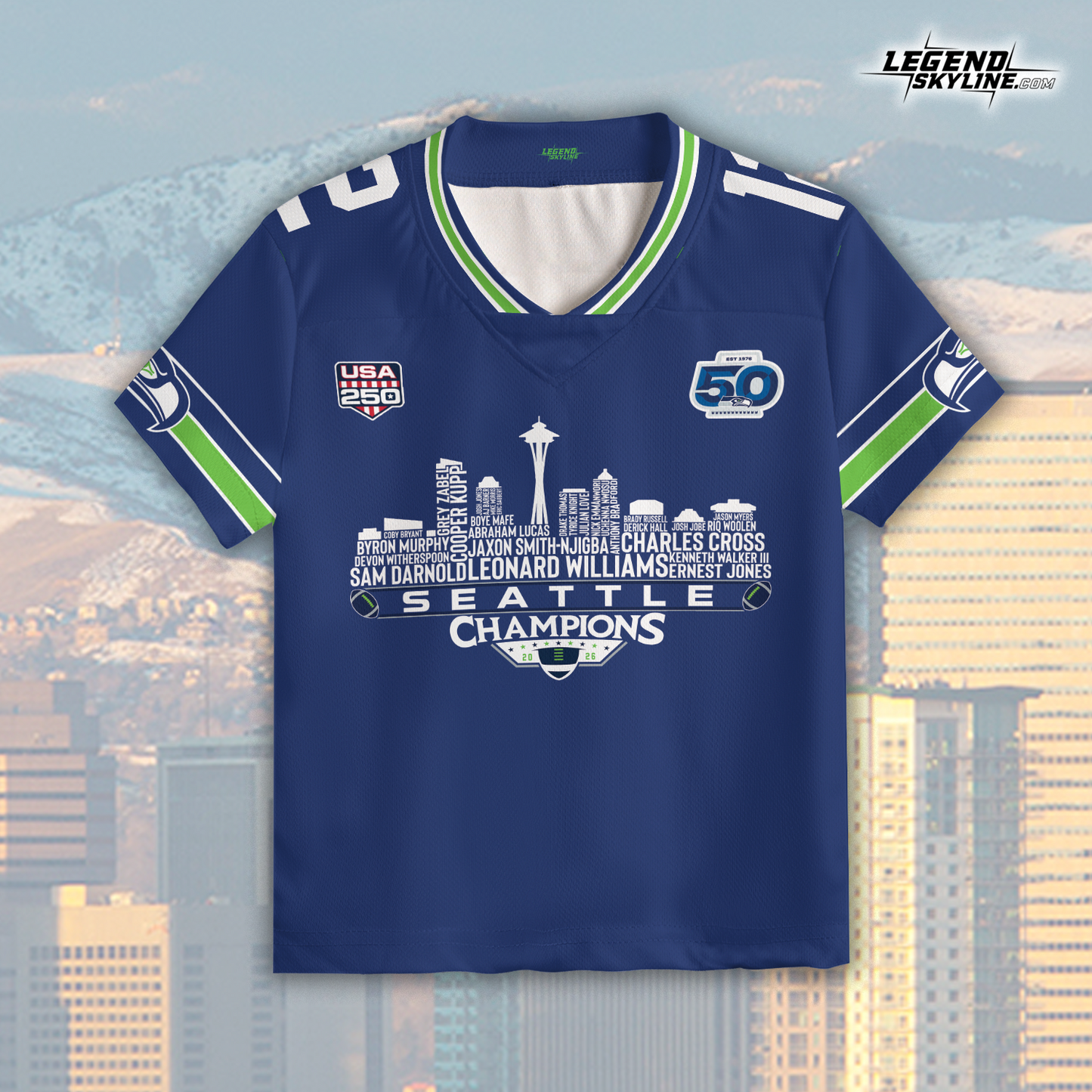 Seattle Custom Blue Jersey Champions LX Football 2026 Bowl Dream Team Seattle Skyline Personalized Embroidery Name Number