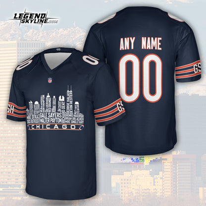 Chicago Jersey Custom Football Greatest Of All Time Team Legends Chicago City Skyline Jersey Shirt, Personalized Embroidery Name Number