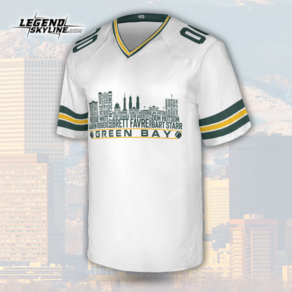 Green Bay Jersey Custom Football Greatest Of All Time Team Legends Green Bay City Skyline Jersey Shirt, Personalized Embroidery Name NumberGreen Bay