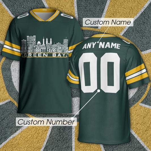 Green Bay Jersey Custom Football Greatest Of All Time Team Legends Green Bay City Skyline Jersey Shirt, Personalized Embroidery Name NumberGreen Bay