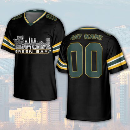 Green Bay Jersey Custom Football Greatest Of All Time Team Legends Green Bay City Skyline Jersey Shirt, Personalized Embroidery Name NumberGreen Bay
