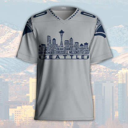 Seattle Custom Football Jersey Greatest Of All Time Team Legends, Seattle City Skyline Shirt, Personalized Embroidery Name Number