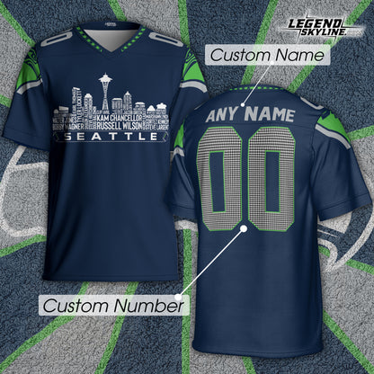 Seattle Custom Football Jersey Greatest Of All Time Team Legends, Seattle City Skyline Shirt, Personalized Embroidery Name Number