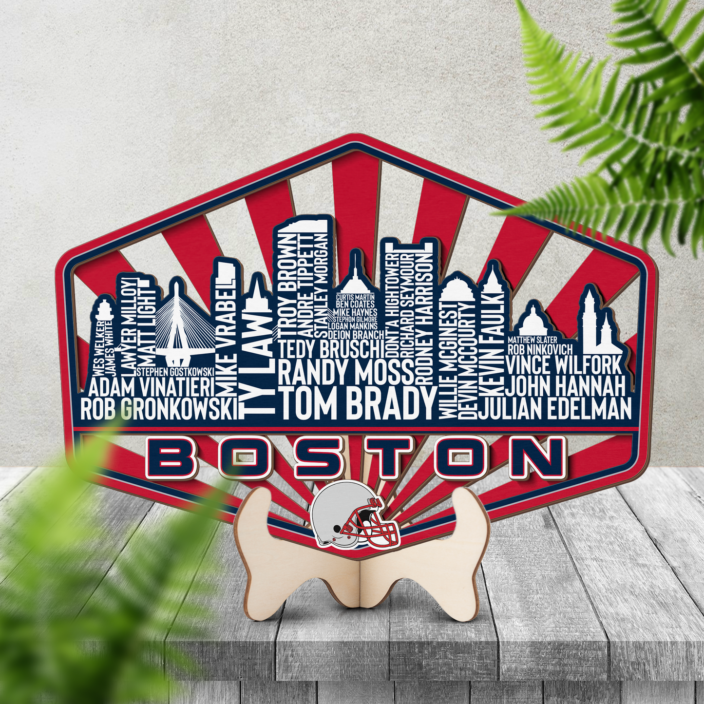 New England Football Greatest Of All Time Legend Team Wood Sign Boston City Skyline Gift Decor
