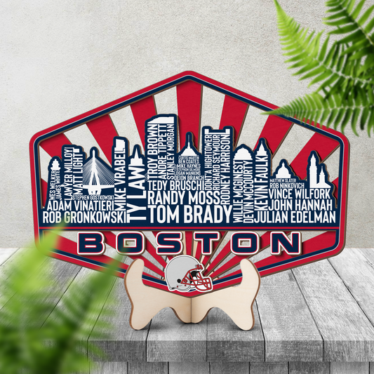 New England Football Greatest Of All Time Legend Team Wood Sign Boston City Skyline Gift Decor