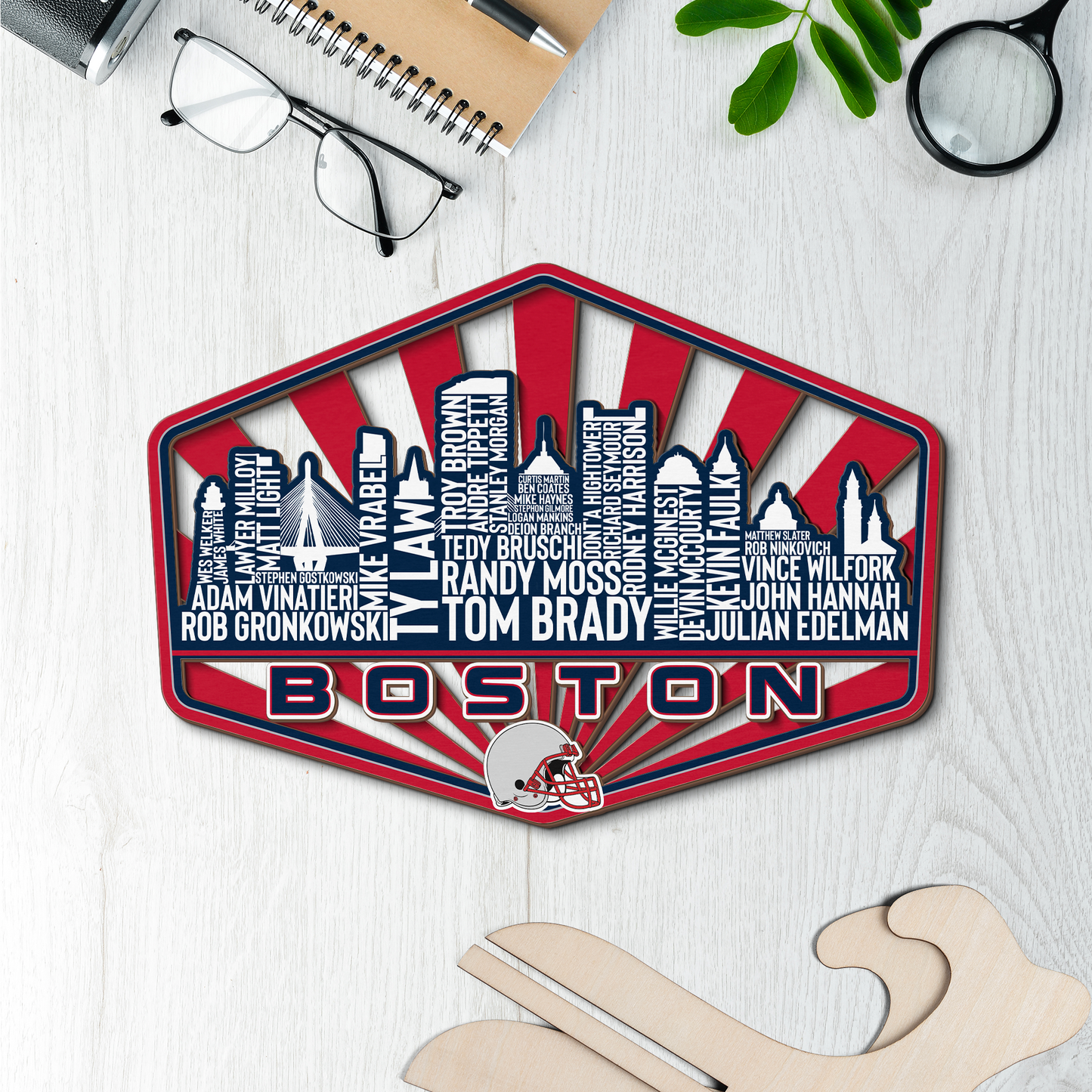 New England Football Greatest Of All Time Legend Team Wood Sign Boston City Skyline Gift Decor