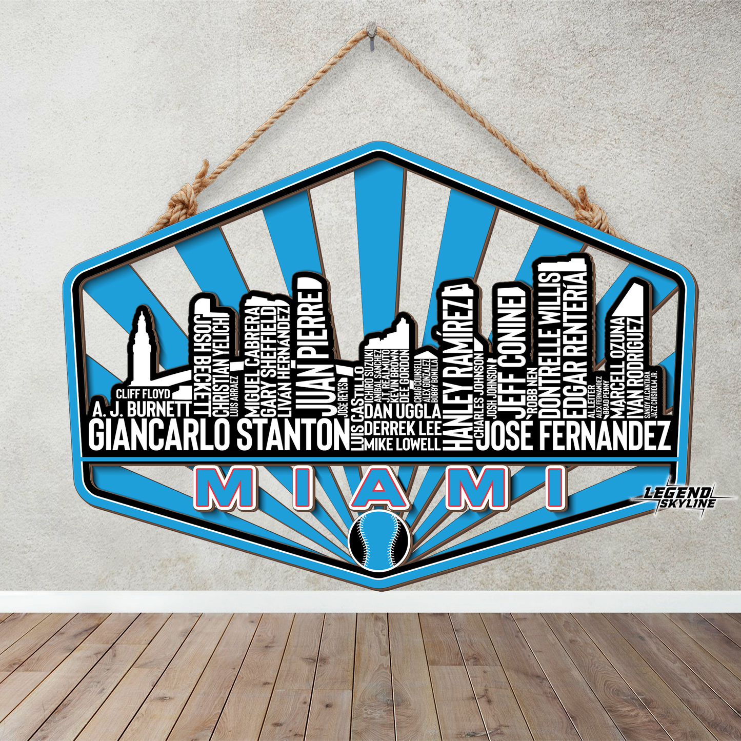 Miami Baseball Greatest Of All Time Legend Team Wood Sign Miami City Skyline Gift Decor