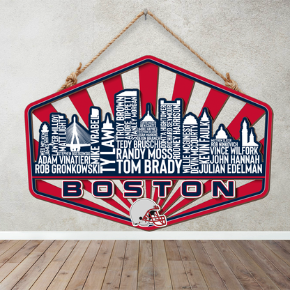 New England Football Greatest Of All Time Legend Team Wood Sign Boston City Skyline Gift Decor