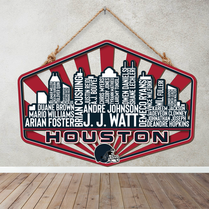Houston Football Greatest Of All Time Legend Team Wood Sign Houston City Skyline Gift Decor
