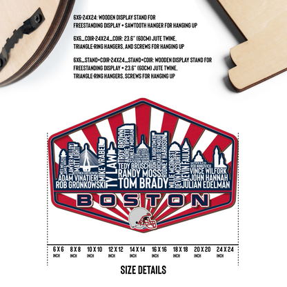 New England Football Greatest Of All Time Legend Team Wood Sign Boston City Skyline Gift Decor